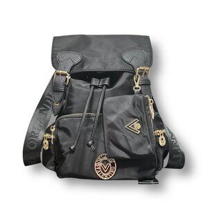 Valentino Orlandi Black Vegan Nylon Backpack w/ Pouch Logo‎ Gold Hardwarware NWT